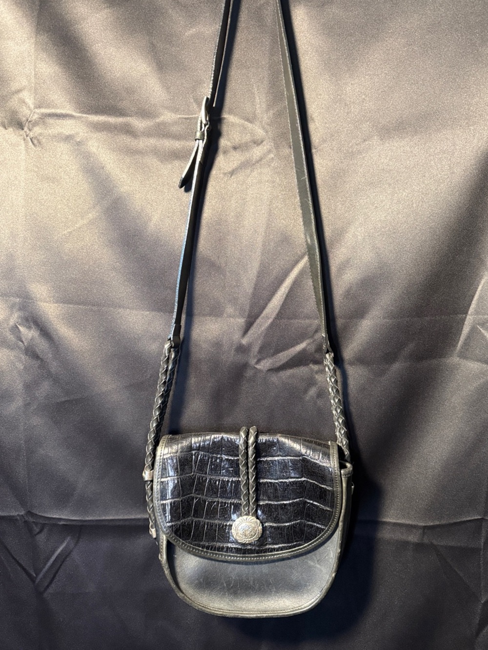 Brighton Black Croc-Detail Leather Crossbody Bag